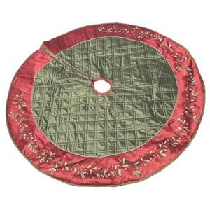 Luxe Habitat Embroidered Deep Red & Olive Green Taffeta Christmas Tree Skirt 51"